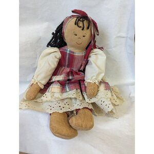 vtg Handmade 21" Fabric Cloth Doll  Embroidered Face  Yarn Hair Red Plaid Dress